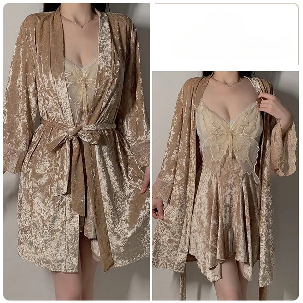 Ensemble Robe de Chambre et Chemise de Nuit en Velours pour Femmes, élégance raffinée