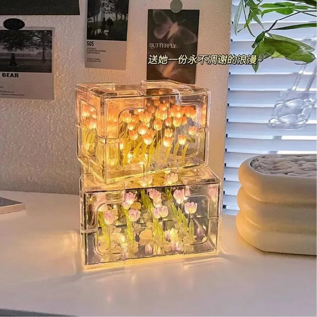 Lampe de Nuit en Cube 3D "Tulipe et Mer de Fleurs"