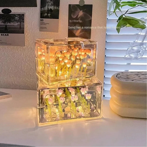 Lampe de Nuit en Cube 3D "Tulipe et Mer de Fleurs"