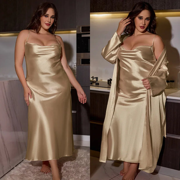 Ensemble Peignoir et Chemise de Nuit Longue Grande Taille en Satin