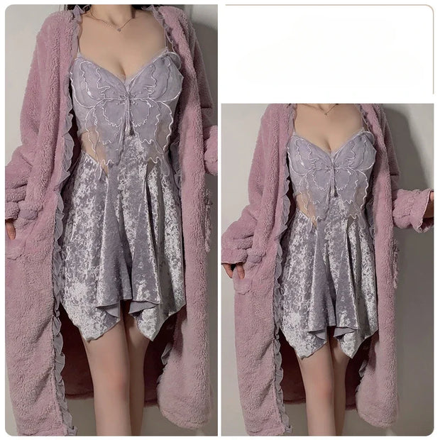 Ensemble Robe de Chambre et Chemise de Nuit en Velours pour Femmes, élégance raffinée